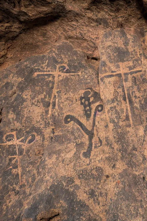 Image similar to 4 k photography of petroglyphs representing crosses, sauwastica, wifi symbol on a cave