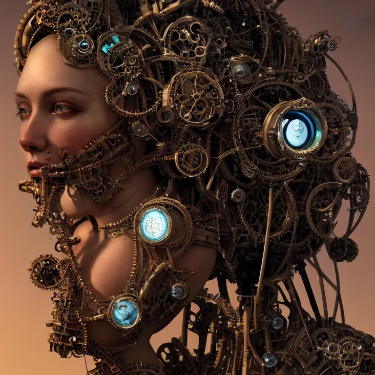 Image similar to hyperrealistic mixed media portrait of a beautiful mechanical steampunk woman, stunning 3d render inspired art by P. Craig Russell and Barry Windsor-Smith + perfect facial symmetry + dim volumetric lighting, 8k octane beautifully detailed render, post-processing, extremely hyperdetailed, intricate futuristic mechanic parts, epic composition, grim yet sparkling atmosphere, cinematic lighting + masterpiece, trending on artstation