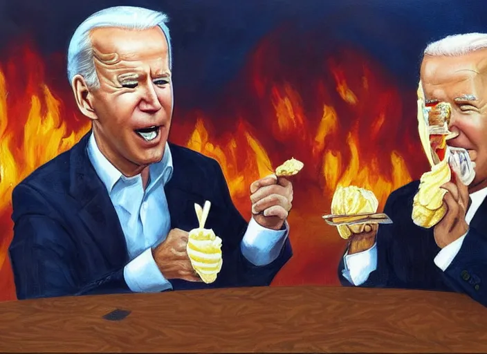 Image similar to oil painting of joe biden eating an ice cream with the whitehouse on fire behind him beautiful artwork by rutowski, realistic, 4 k, masterpiece