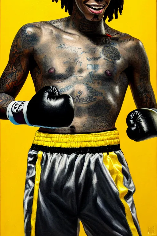 Image similar to full body portrait of wiz khalifa as muhammad ali, oil on canvas by william sidney mount, black, black, yellow, yellow, trending on artstation