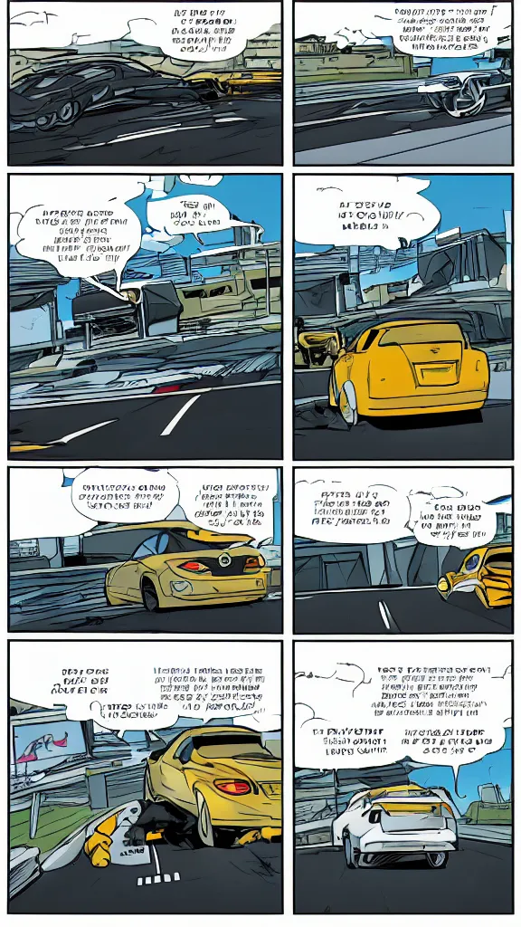 Image similar to comic book style page with three images: one of a car driving at high speed with view from far away on the highway,a second view from behind the wheel of said car, and that last one of the car crashing into a toll station