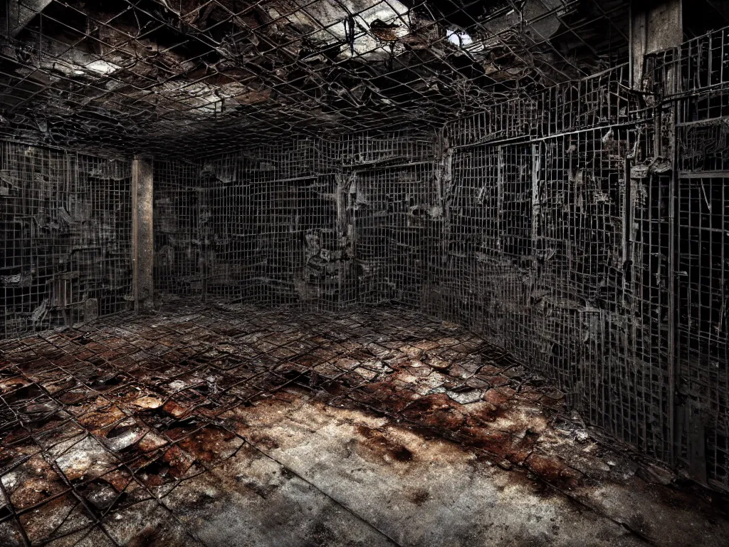 Prompt: An underground very dark gloomy multi-layered structure of rusty thick iron grids, dense chain-link fencing and peeling walls with multiple floors. Inside view, collapsed floors, bent rusted iron, masterpiece, black background, layers, corners, cinematic, hyperdetailed, photorealistic, hyperrealism, octane rendering, 8k, depth of field, bokeh, architecture, shadows, art by Zdzisław Beksiński, Arthur Rackham, Dariusz Zawadzki