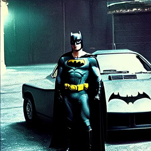 Image similar to henry cavill as batman in batman ( 1 9 8 9 ), standing next to the batmobile, by tim burton, dark deco, gotham city, film still