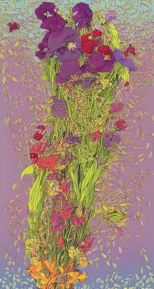 Prompt: beautiful flowers by mœbius, overdetailed art, colorful, record jacket