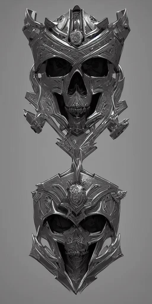 Prompt: a black and silver shield skull crest, ornament, weapon, a 3 d render by dom qwe, trending on polycount, artstation, hard surface modeling, zbrush, symmetry