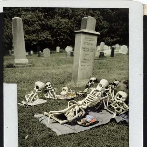 Image similar to old polaroid of a skeleton family doing a picnic in the cemetery