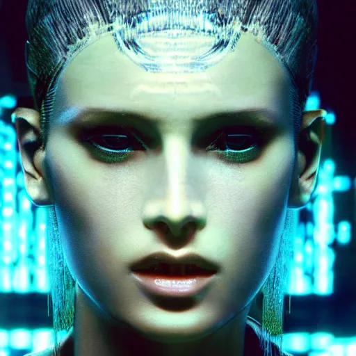 Prompt: portrait of a stunningly beautiful futuristic female replicant from blade runner, depth of field, zeiss lens, detailed, symmetrical, centered, fashion photoshoot, by Annie Leibovitz and Steve McCurry, David Lazar, Jimmy Nelsson, Breathtaking, 8k resolution, extremely detailed, beautiful, establishing shot, artistic, hyperrealistic, beautiful face, octane render