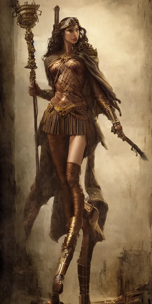 Image similar to highly detailed steampunk gal gadot standing, cape, staff : leonardo da vinci, greg rutkowski, magali villeneuve