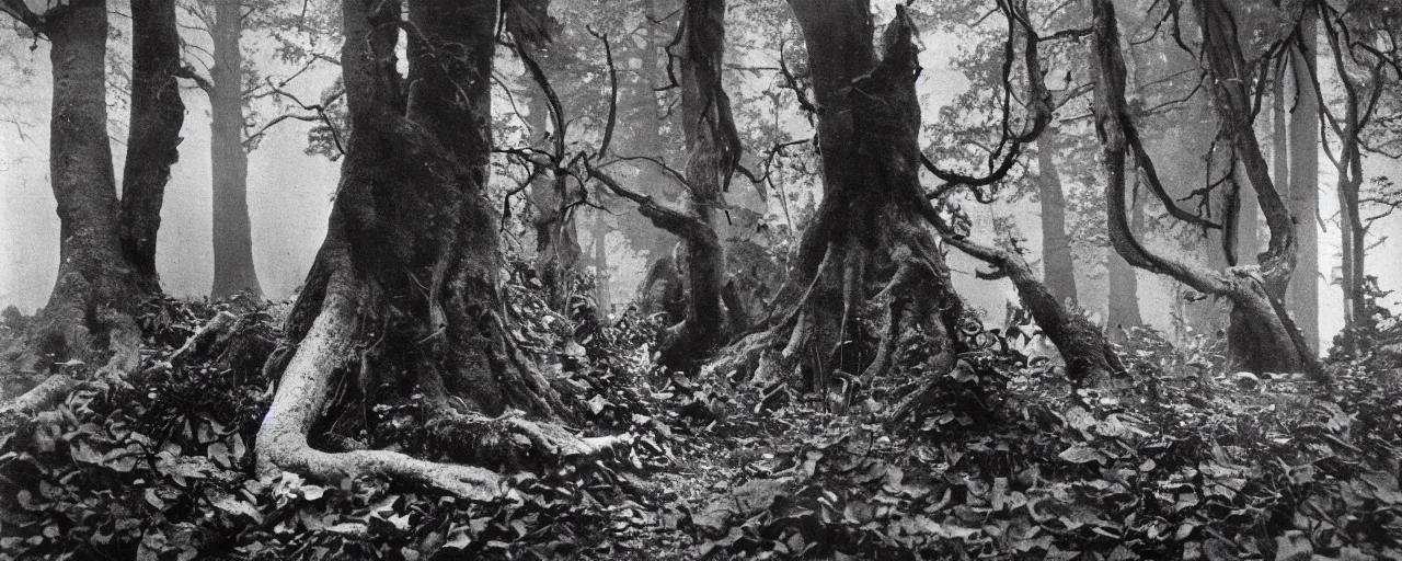 Prompt: 1920s photography of occult humanlike root creatures creeping and lurking in dark forest in the dolomites