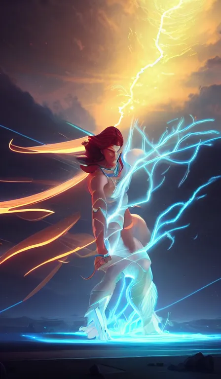 Prompt: the god zeus, lightning, action, epic, close up, sharp focus, digital art, concept art, dynamic lighting, character design by anna dittman, and rossdraws, environment design by jessica rossier