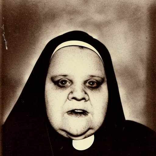 Image similar to antique photograph of an evil catholic nun, cracked and faded photo paper, morbidly obese, crazy eyes wide open, horror, staring at the camera, headshot, dark background, low light, dark