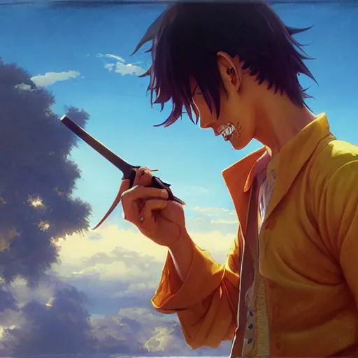 Image similar to highly detailed vfx portrait of bored sanji by eiichiro oda, stephen bliss, greg rutkowski, rhads, makoto shinkai, tom bagshaw, alphonse mucha, sharp focus, art by artgerm, greg rutkowski, stanley kubrick, backlit, harsh overhead sunlight, matte, johannes vermeer,