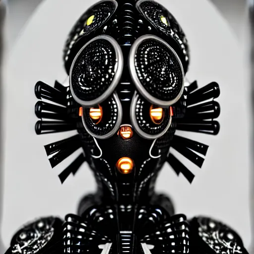 Image similar to portrait of an absurdly beautiful, graceful, sophisticated, fashionable black cyberpunk mechanoid gravure idol, hyperdetailed illustration by irakli nadar, maria borges, matt wisniewski style, intricate linework, dark black skin, neon jellyfish headdress, ivory carved ruff, unreal engine 5 highly rendered, global illumination, radiant light, detailed and intricate environment