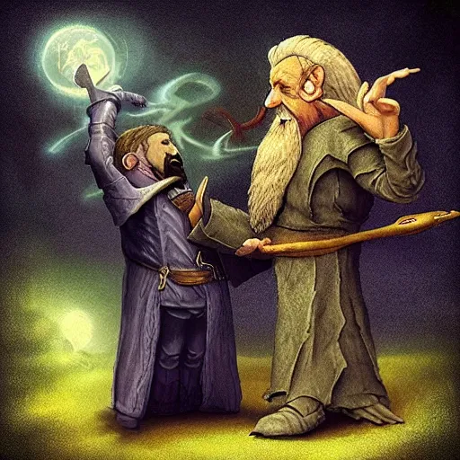 Prompt: “a giant man arguing with a wizard, fantasy, dnd”