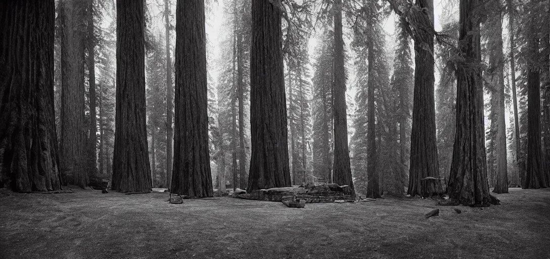 Prompt: house built into and inside a single giant sequoia surrounded by grove of dead birches. photograph by jerry uelsmann. fujinon premista 1 9 - 4 5 mm t 2. 9. portra 8 0 0.