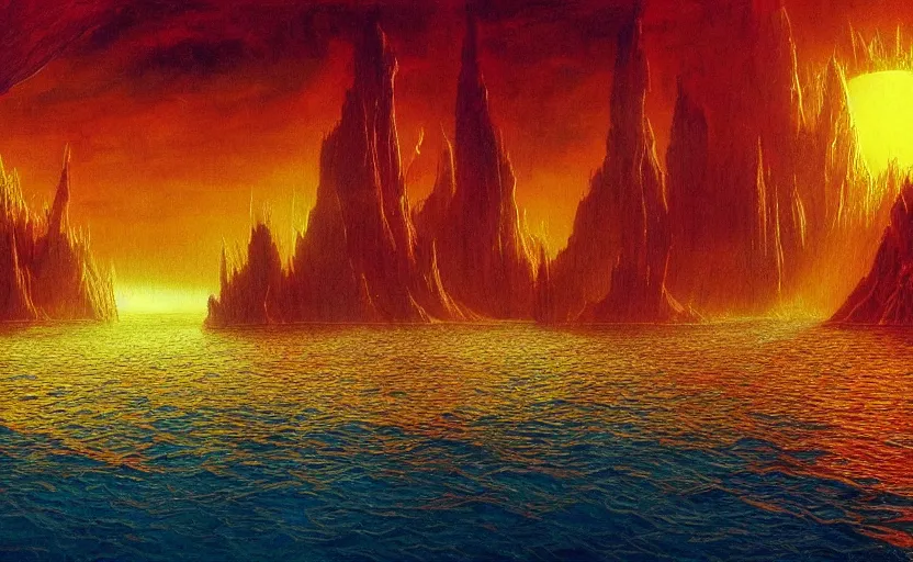 Prompt: by Moebius , landscape of mystic dark cult uder deep water, monumental giant palace, sun light through dark waters, red+yellow colours, high quality details, one point perspective, denoise deep depth of field