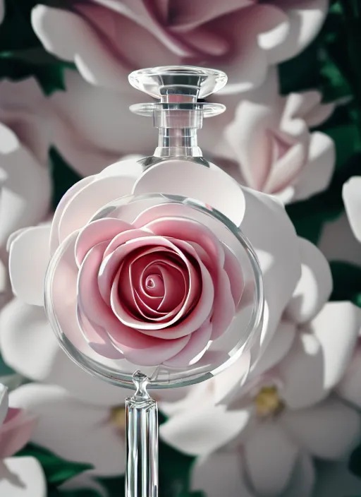 Image similar to perfume bottle standing in white enchanted garden of pink flowers, roses in an ivory room well contoured smooth fair walls, up close shot, sharp focus, global illumination, radiant light, surral photography, octane highly render, 4 k, ultra hd,