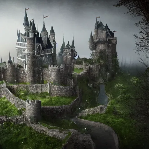 Prompt: a large castle structure surrounded by a dark magical forest, trending on artstationhd, fancy, magical, holy, 8k, photorealistic