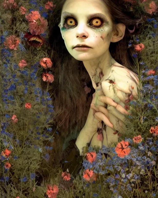 Prompt: a pretty but sinister and creepy goblin in layers of fear, volumetric lighting, with haunted eyes, violence in her eyes, 1 9 7 0 s, seventies, delicate embellishments, a little blood, woodland, blue dawn light shining on wildflowers, painterly, offset printing technique, by walter popp, alexandre cabanel