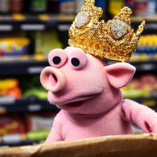 Prompt: muppet pig wearing a gold crown shopping at a grocery store 8k