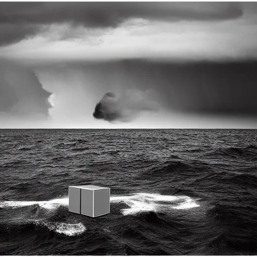 Prompt: a cube in the middle of the sea with images of a tumultuous storm at sea on its sides. in the style of Richard Serra. cinematic. black and white