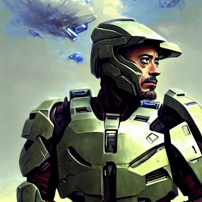 Prompt: Robert Downey Jr wearing Forerunner armor from Halo, countryside, calm, fantasy character portrait, dynamic pose, above view, sunny day, thunder clouds in the sky, artwork by Jeremy Lipkin and Giuseppe Dangelico Pino and Michael Garmash and Rob Rey and Greg Manchess and Huang Guangjian, very coherent asymmetrical artwork, sharp edges, perfect face, simple form, 100mm