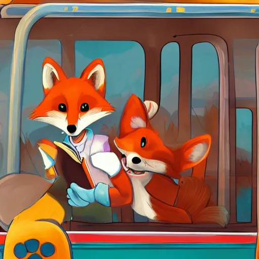 Prompt: foxes riding a schoolbus, furry, cute, disney style, artstation, detailed, award winning