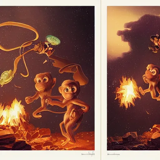 Image similar to [two monkeys throwing books in a bonfire, behind them space rockets are taking off. propaganda, closeup, D&D, intricate, elegant, highly detailed, digital painting, artstation, concept art, matte, sharp focus, illustration, art by Artgerm and Greg Rutkowski and Alphonse Mucha and Enki Bilal]