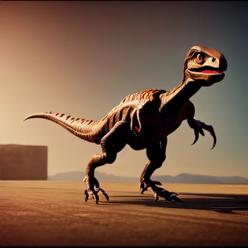 Image similar to a velociraptor driving a motorbike, photorealistic 3 d octane render, unreal engine