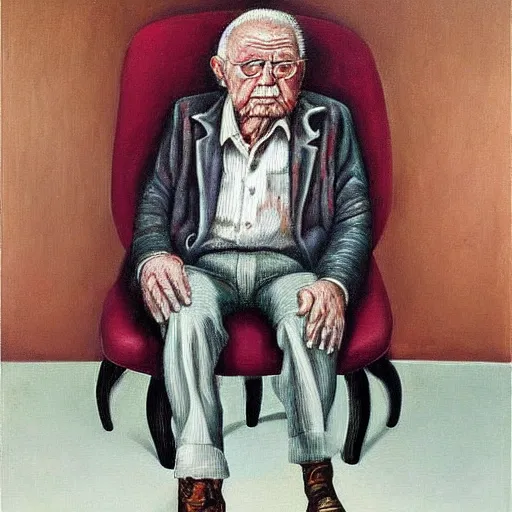 Image similar to macabre magic realism portrait old man sitting in chair : : oil painting by ivan albright