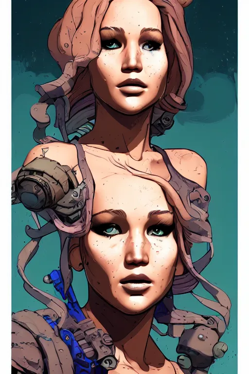 Prompt: a study of cell shaded portrait of Jennifer Lawrence Siren as a Borderlands 3 character, llustration, post grunge, concept art by josan gonzales and wlop, by james jean, Victo ngai, David Rubín, Mike Mignola, Laurie Greasley, highly detailed, sharp focus, alien, Trending on Artstation, HQ, deviantart, art by artgem