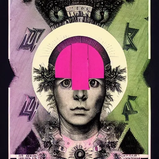 Image similar to post - punk new age album cover, asymmetrical design, frame of a dollar bank notes, capitalism, magic, apocalypse, psychedelic, black white pink, magic, giger h. r., giuseppe arcimboldo