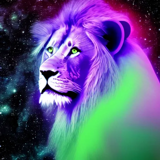 Prompt: an electric purple lion in space