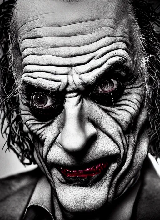 Prompt: photo of Christopher Lloyd as the Joker by Eolo Perfido and Lee Jeffries, frown, head shot, detailed, award winning, Sony a7R