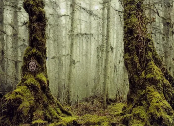 Image similar to a mossy wood with trolls and elves, in the style of John Bauer,