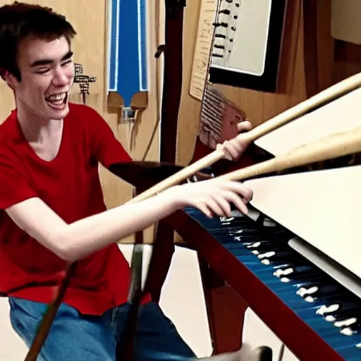 Prompt: cartoon of jacob collier playing saturn rings af if they were marimbas