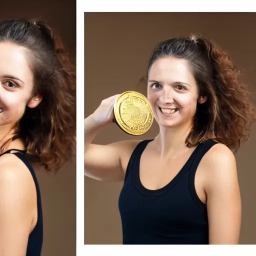 Image similar to a selfie portrait a brunette female, young, athletic, australian, wearing a gold tshirt in a studio