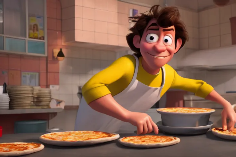 Prompt: still from a Pixar movie of Harry Styles making a pizza, high quality 3d render, movie, Pixar, Renderman, 4k, artstation