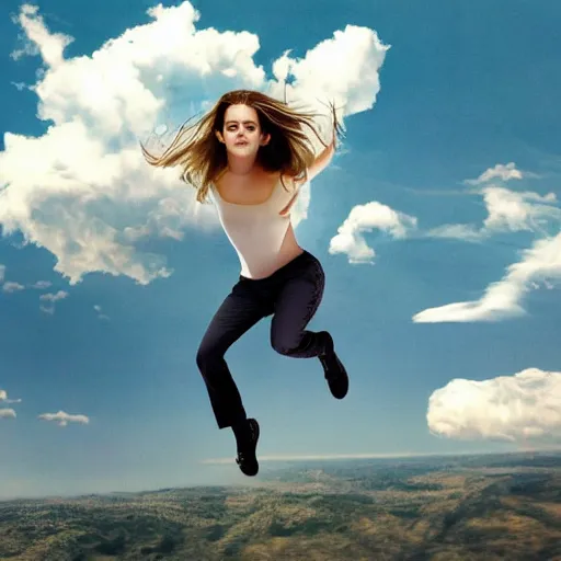 Image similar to Emma Watson flying in the clouds