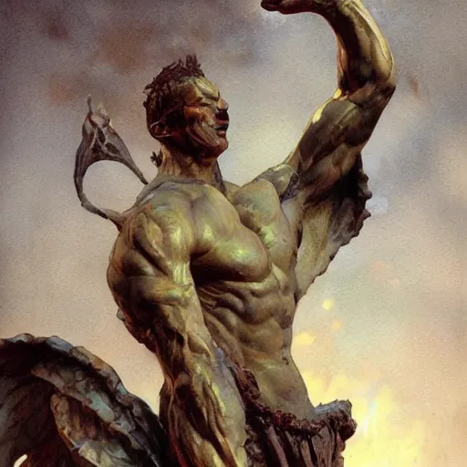 Image similar to Roguish Picaro Dsurion stands at the gates of Hades Hand Crafted By Rodin. Painting by greg rutkowski Donato Giancola Jeff Simpson norman rockwell stamp watercolor