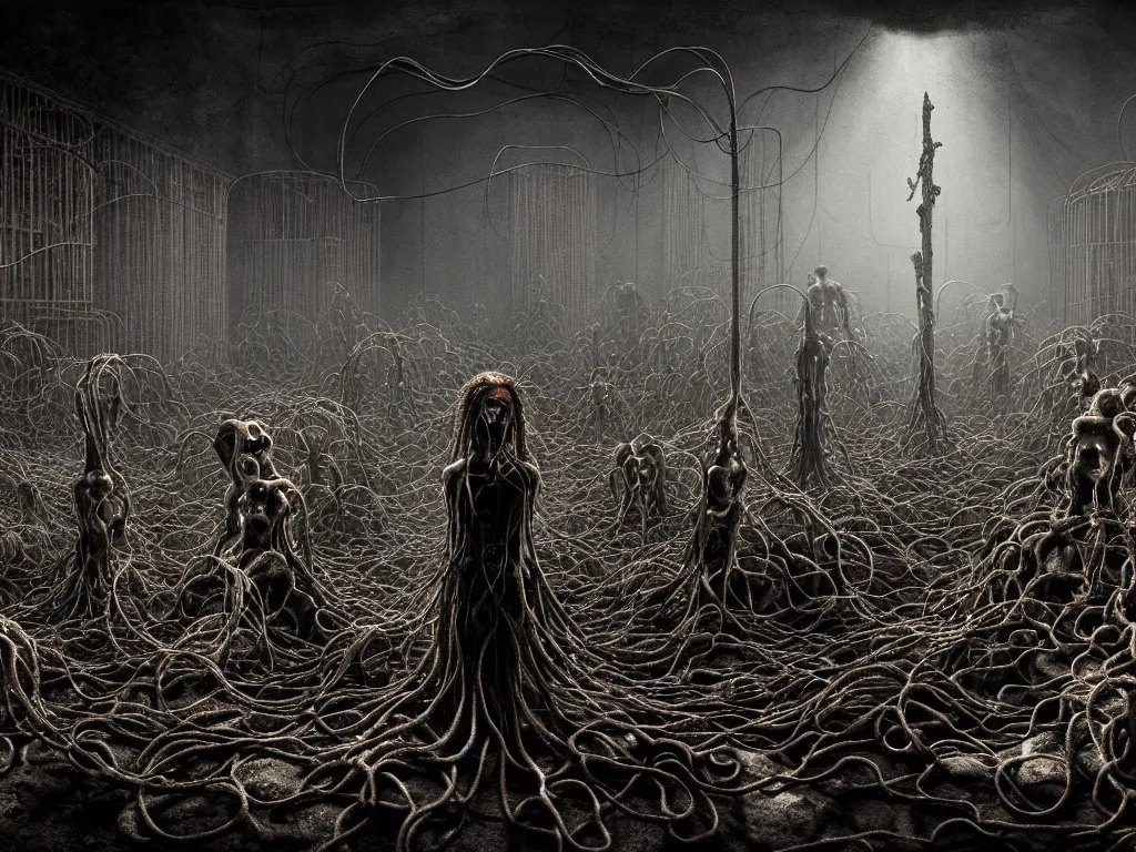 Image similar to portrait of abandoned ribbed organic satanistic ritual scene, crowd of people, covered with wires, spines, roots, ash, mold, baroque painting, standing in a desolate empty wasteland, creepy, nightmare, dream-like heavy atmosphere, dark fog, surreal abandoned buildings, baroque painting, beautiful detailed intricate insanely detailed octane render trending on Artstation, 8K artistic photography, photorealistic, volumetric cinematic light, chiaroscuro, zoomed out, fisheye, Raphael, Caravaggio, Beksinski, Giger