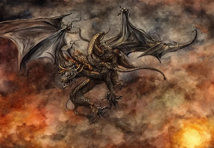 Image similar to dragon possum flying over a medieval castle under a dark starred sky, dark fantasy, watercolor, dreaming illusion, highly detailed, 4k, trending on Artstation, award-winning