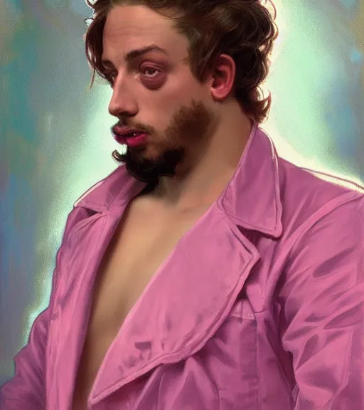 Image similar to Gigachad Sam Hyde in a pink luxurious suit, ready for battle, boxing stance, wearing candy cane boxing gloves, sigma male, buff, accurately portrayed, portrait art by alphonse mucha and greg rutkowski, highly detailed, digital painting, concept art, illustration, dim lighting with twilight rays of sunlight, trending on artstation, very detailed, smooth, sharp focus, octane render, close up