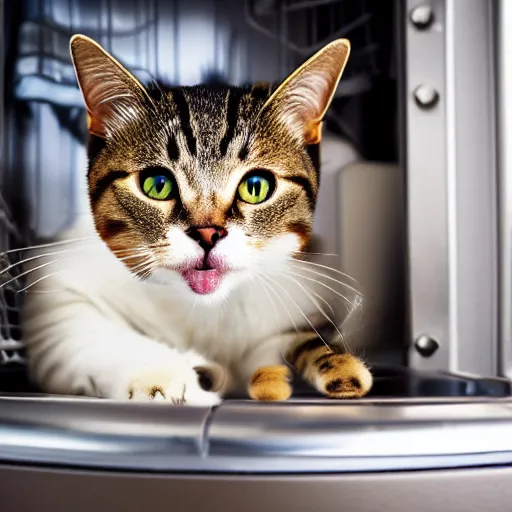 Prompt: cat behind dishwasher, higly detailed, great bokeh