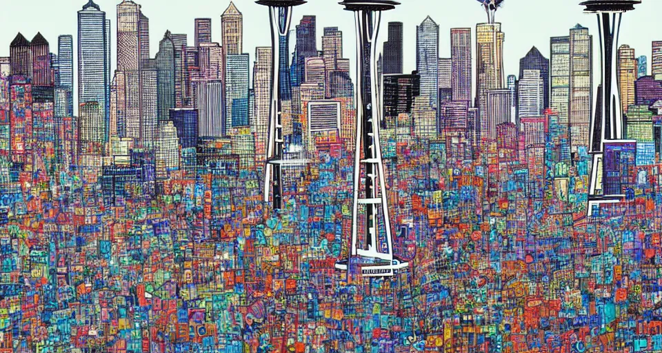 Image similar to Seattle skyline, by james jean