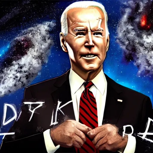Image similar to dark, evil joe biden standing in front of the collapse of the universe, painting, trending on art station, high quality