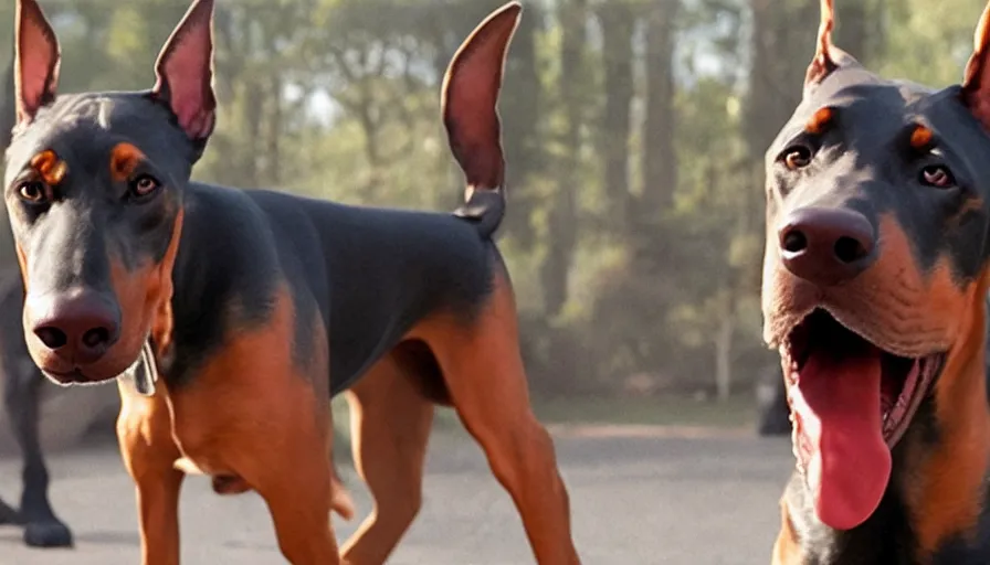 Prompt: big budget movie about a doberman super soldier