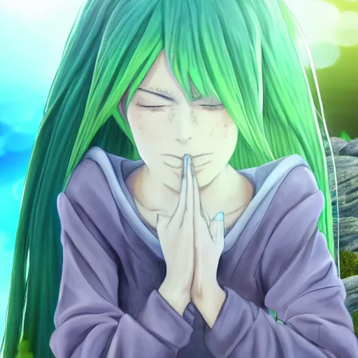 Image similar to anime girl with green hair meditating on a rock, beautiful face, pretty face, serene, sunshine rays, 8 k resolution, digital art