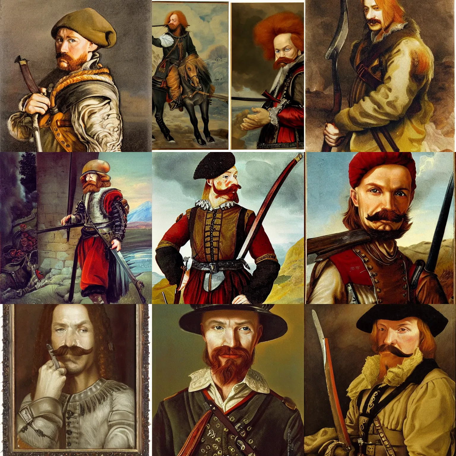 Prompt: with fire and sword's jan skrzetuski ( 2 7 years old, red head michał zebrowski with mustache ) as a polish solider in the mid - 1 7 th century, realistic, detailed, portait by john howard sanden