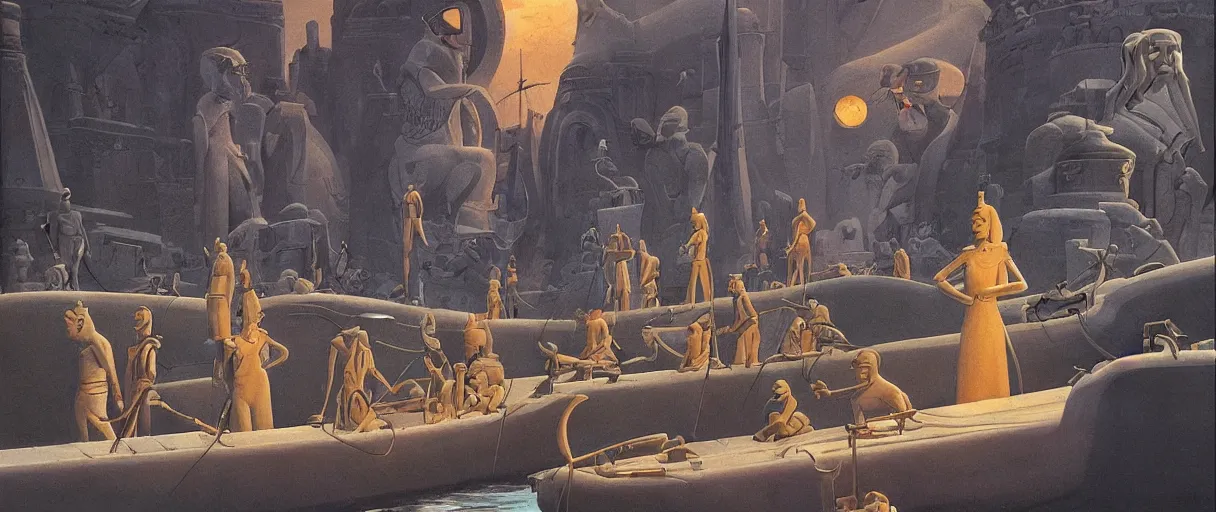 Prompt: a beautiful painting of a canal lined with massive statues of anthropomorphic Feline Gods by Ralph McQuarrie | graphic novel, illustration:.4